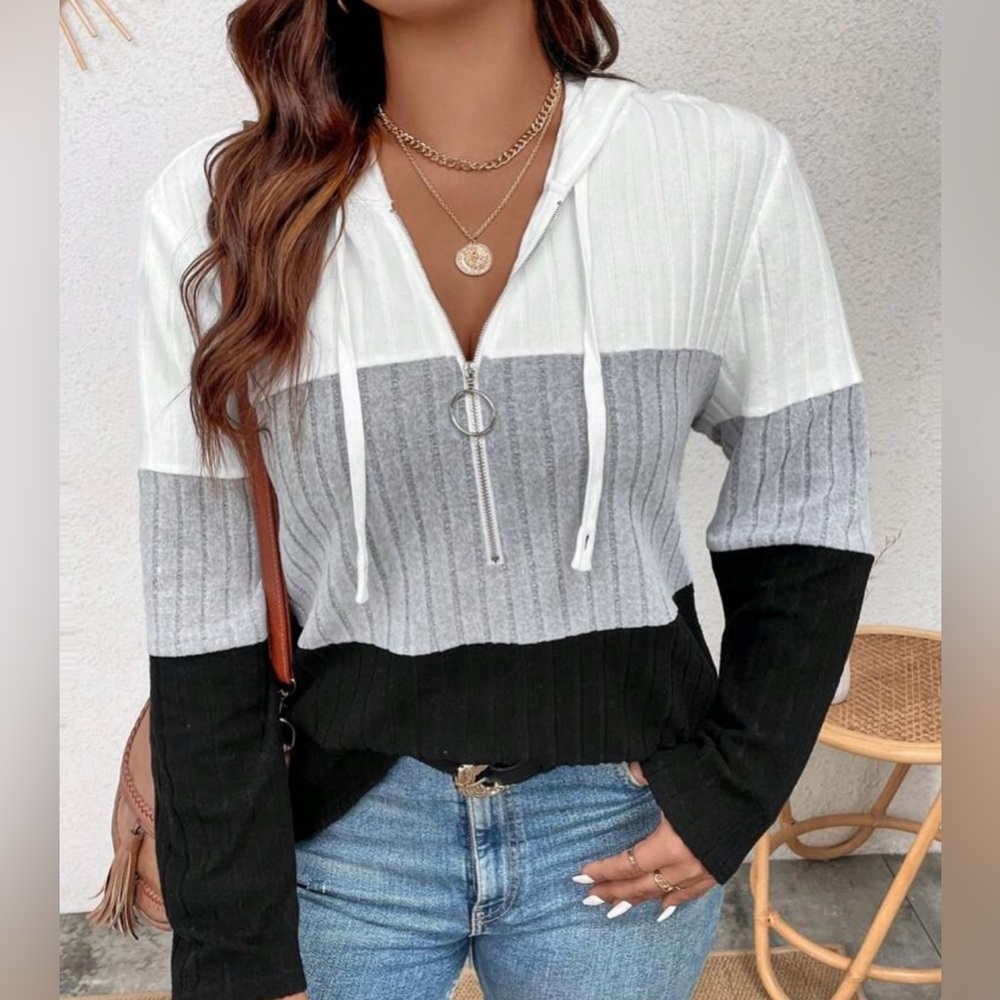 V-Neck Ring Zipper Decor Long Sleeve Soft Knitted Ribbed Furry Tri-Color Hoodie